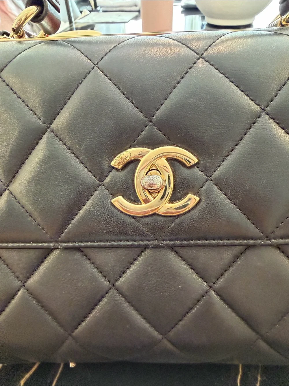CHANEL CC LAMB SKIN  Black Quilted Top Handle Satchel with Gold CC Hardware